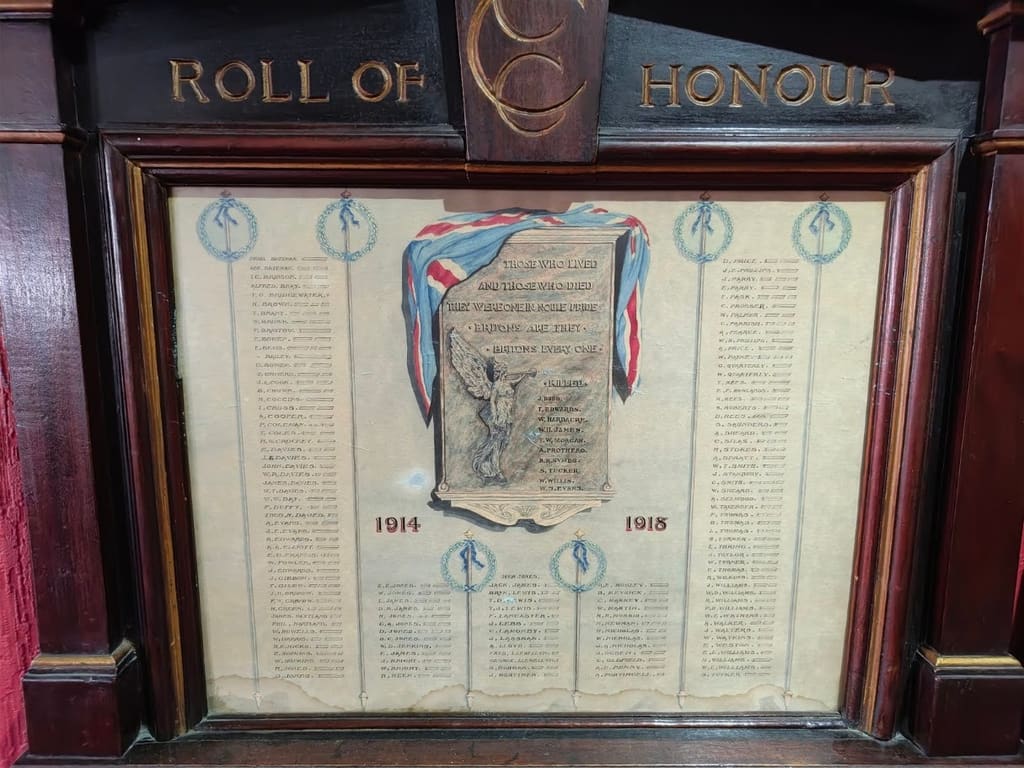 A framed roll of honour for 1914 to 1918 hanging in the snooker room, listing members’ names in columns beneath a painted memorial