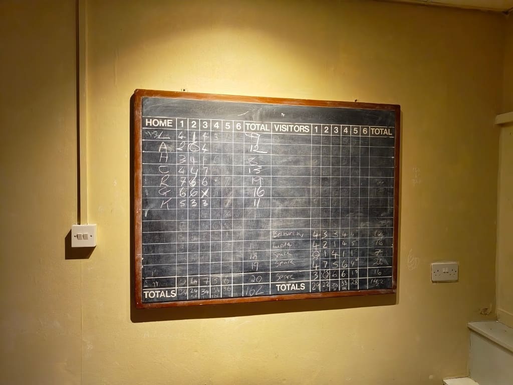 A chalk scoreboard for home and visiting skittle teams, with the frame scores still written up