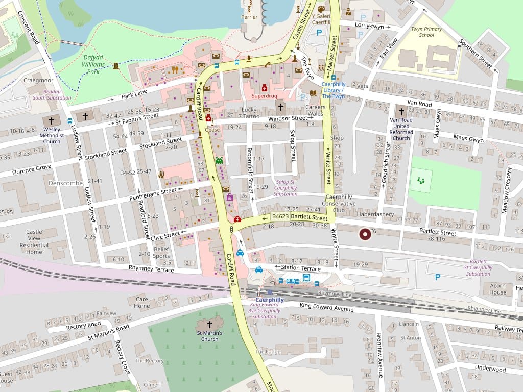 Map showing Caerphilly Conservative Club on 43-45 Bartlett Street, Caerphilly
